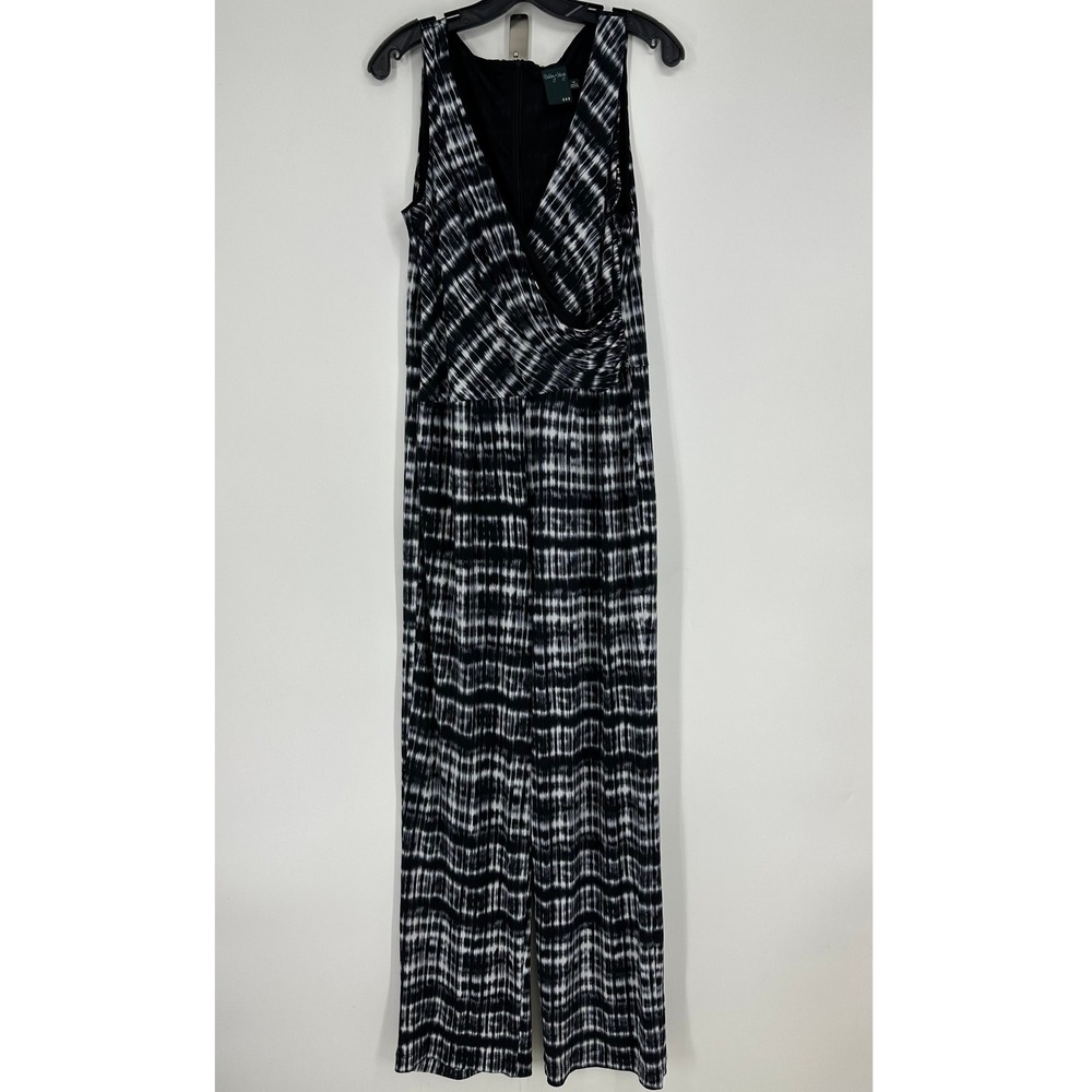 Gabby Skye Wide Leg‎ Jumpsuit 14 Abstract Tie Dye Print Sleeveless Black White
